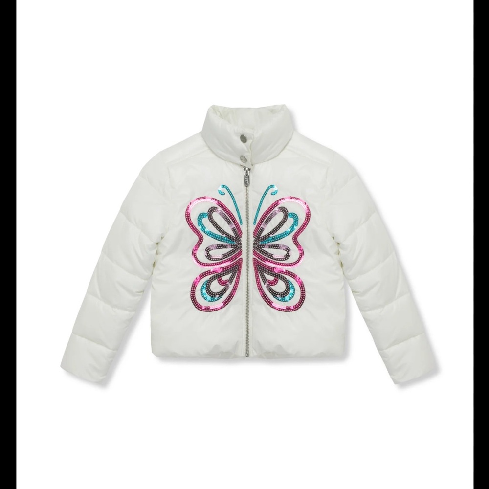 White Puffer Jacket with Butterfly Design
